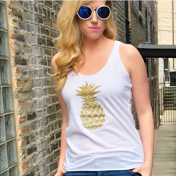 T&J Designs Glitter Gold Pineapple White Tank - Picture 2 of 2